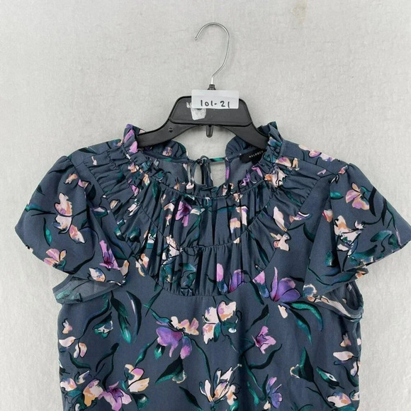 Halogen Blouse Women's Sz S Blue Purple Floral Ruffle Flutter Sleeves Sheer - Picture 11 of 11
